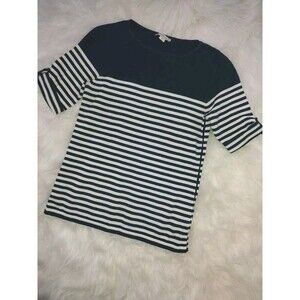 Womens Sweater M COLDWATER CREEK-navy and White cotton Coastal Short Sleeve